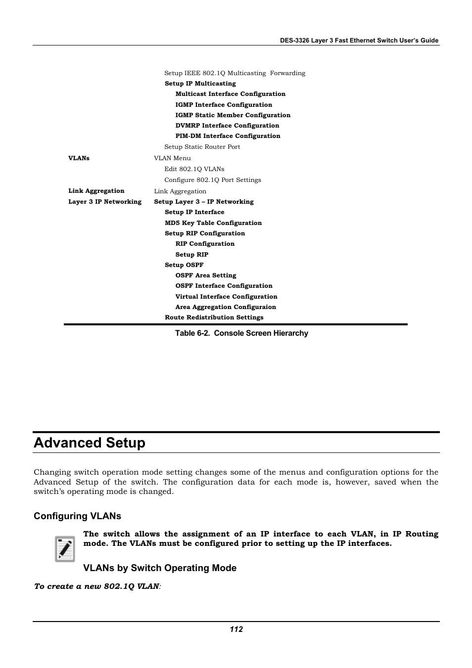 Advanced setup, Configuring vlans, Vlans by switch operating mode | D-Link DES-3326 User Manual | Page 112 / 285