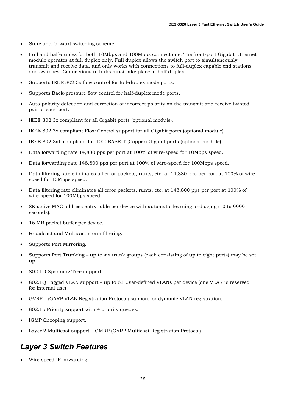 Layer 3 switch features | D-Link DES-3326 User Manual | Page 12 / 285