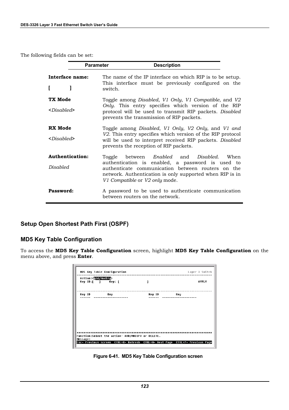 Setup open shortest path first (ospf), Md5 key table configuration | D-Link DES-3326 User Manual | Page 123 / 285