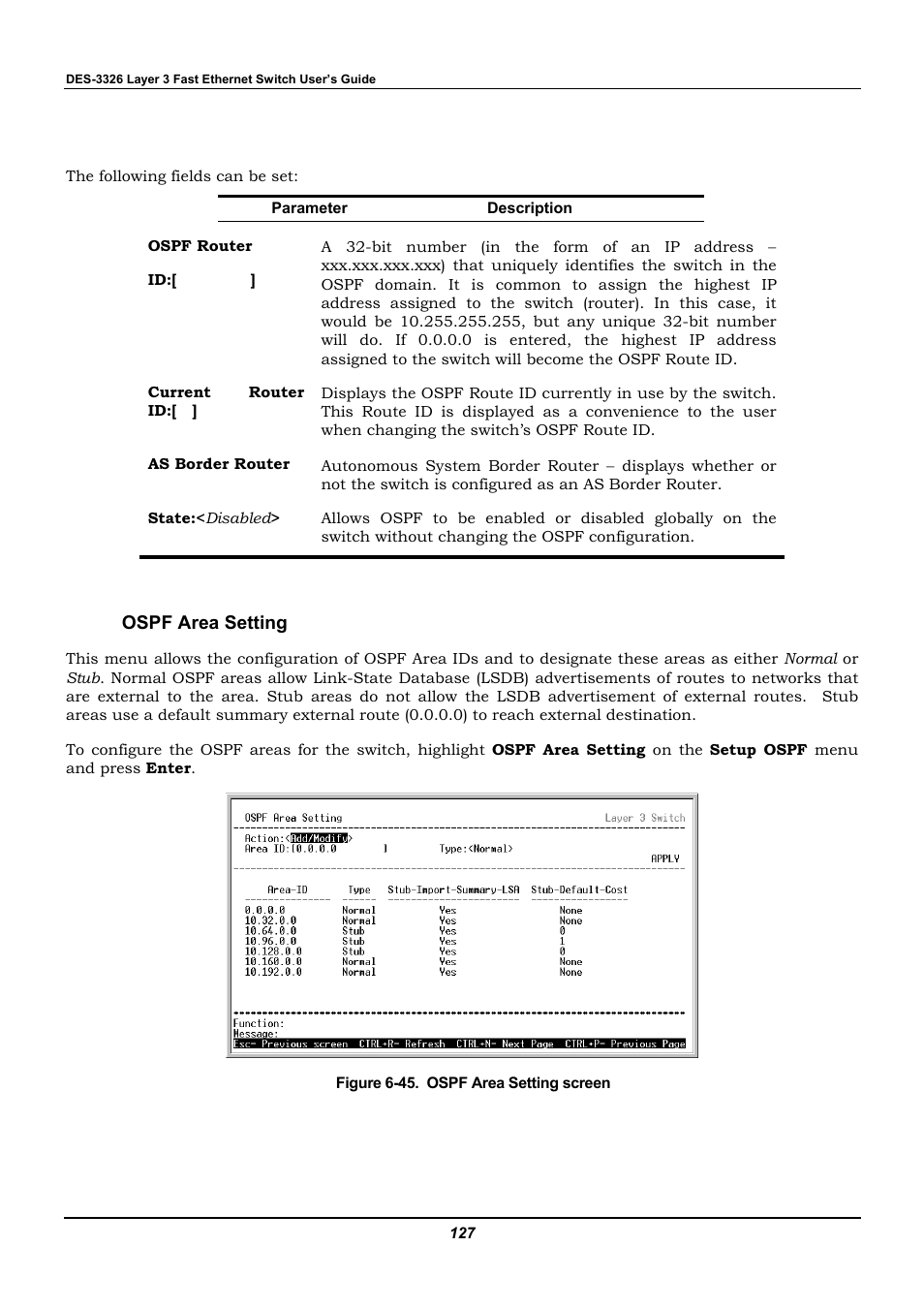 Ospf area setting | D-Link DES-3326 User Manual | Page 127 / 285