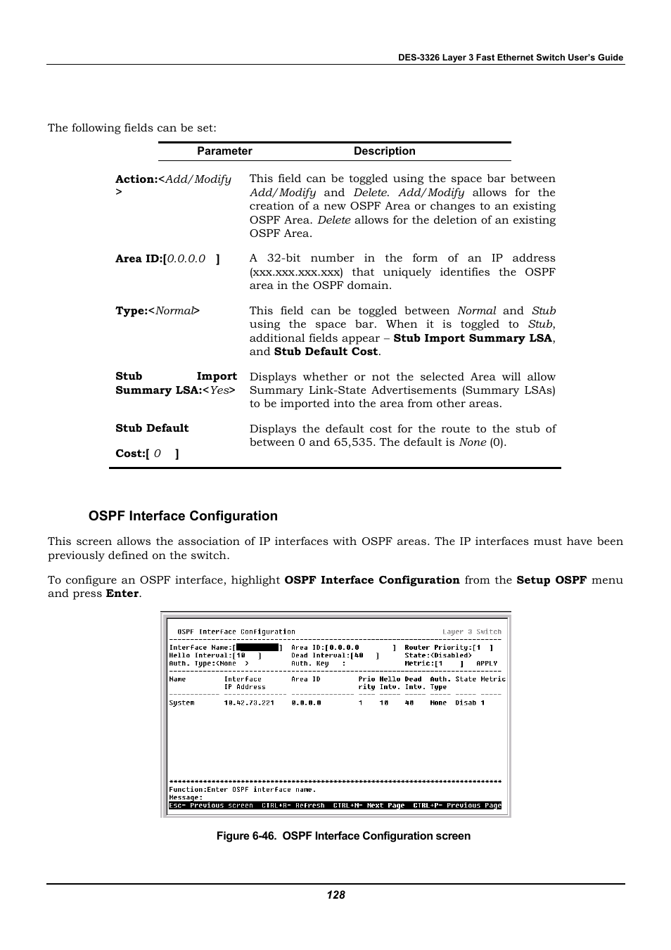 Ospf interface configuration | D-Link DES-3326 User Manual | Page 128 / 285