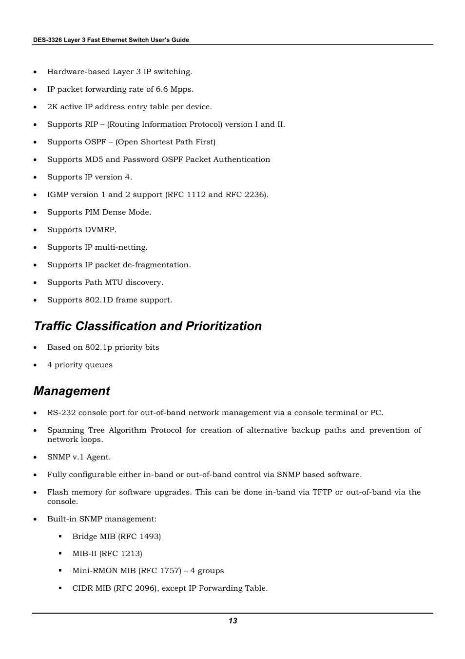 Traffic classification and prioritization, Management | D-Link DES-3326 User Manual | Page 13 / 285