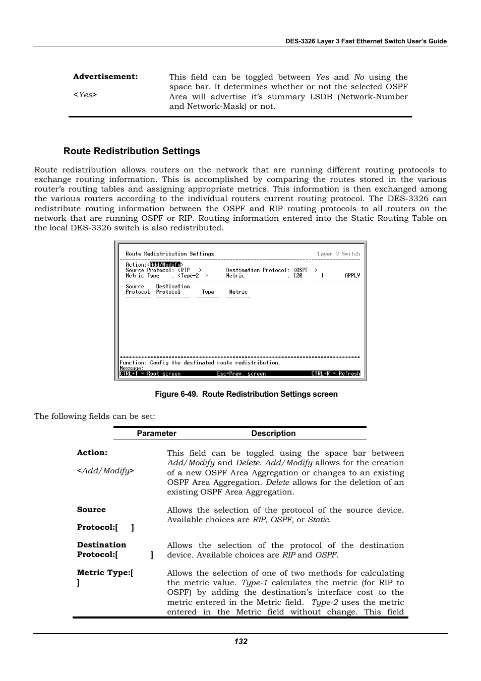 Route redistribution settings | D-Link DES-3326 User Manual | Page 132 / 285