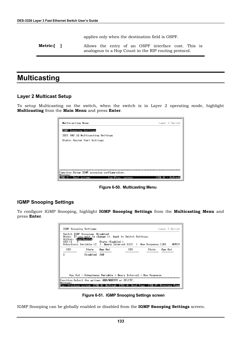 Multicasting, Layer 2 multicast setup, Igmp snooping settings | D-Link DES-3326 User Manual | Page 133 / 285