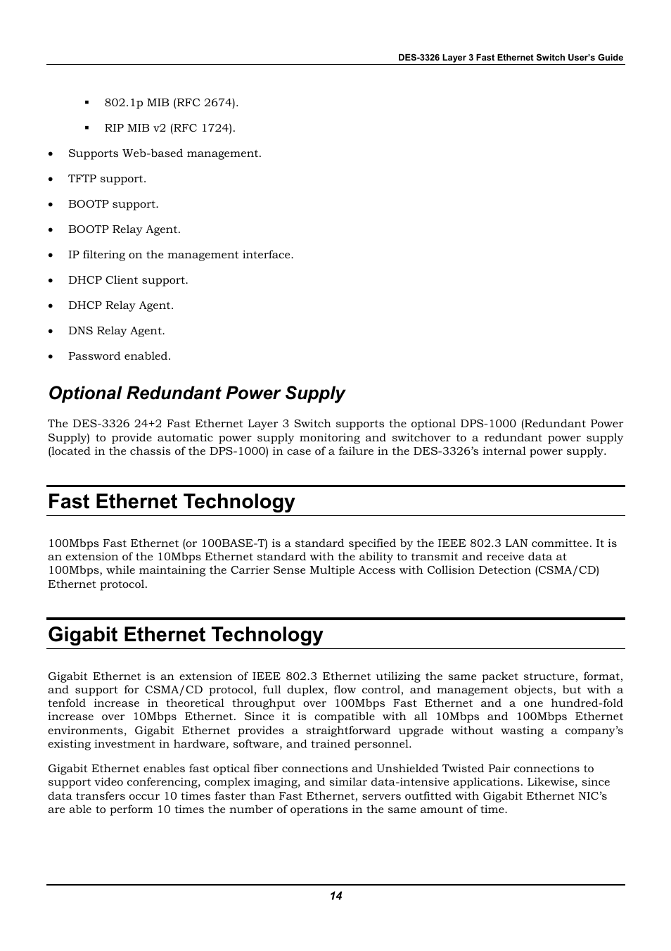 Optional redundant power supply, Fast ethernet technology, Gigabit ethernet technology | D-Link DES-3326 User Manual | Page 14 / 285