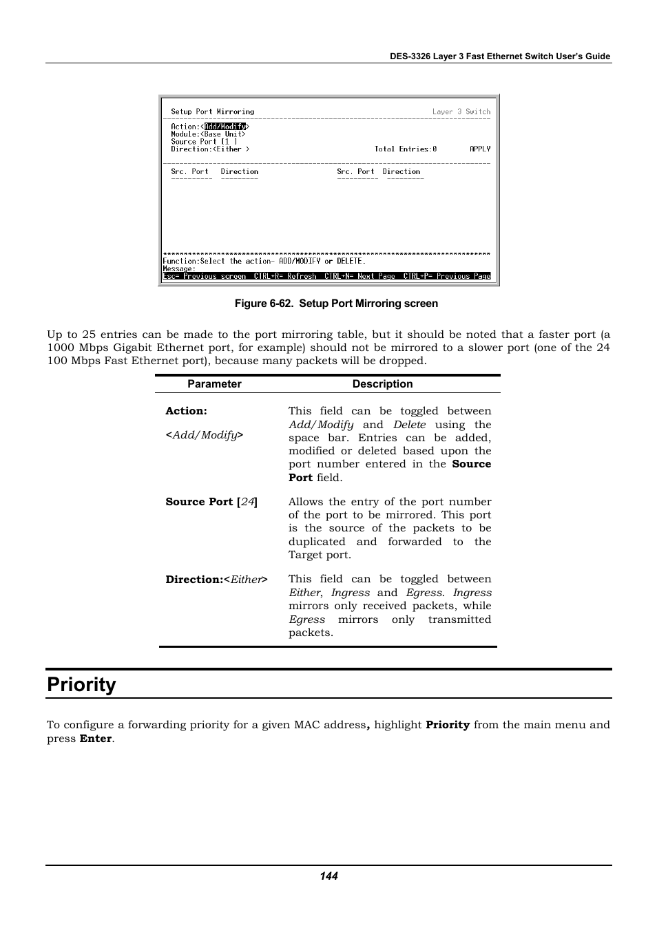 Priority | D-Link DES-3326 User Manual | Page 144 / 285