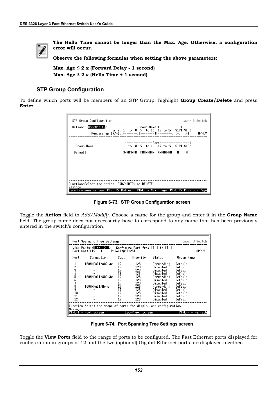 Stp group configuration | D-Link DES-3326 User Manual | Page 153 / 285