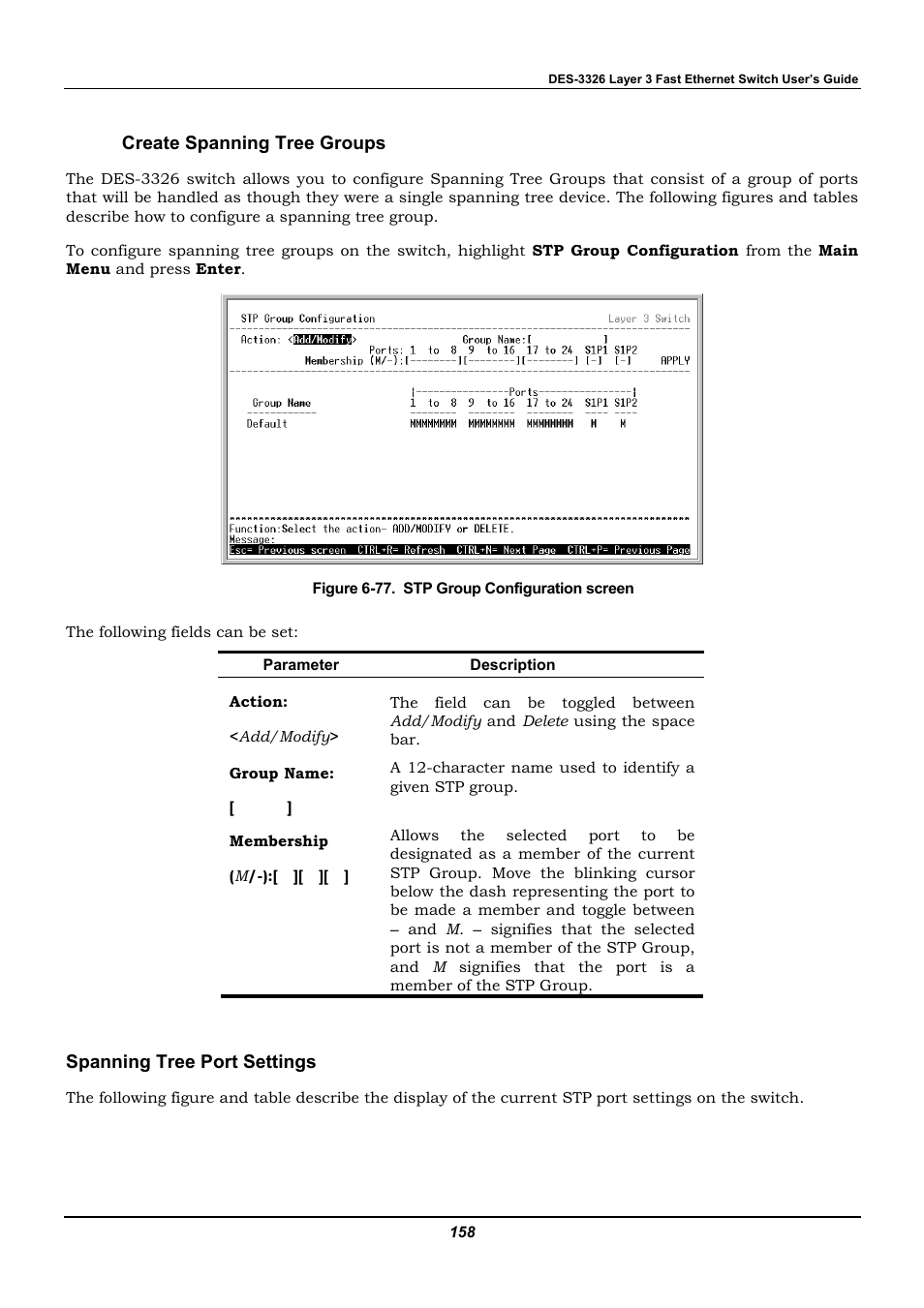 Create spanning tree groups, Spanning tree port settings | D-Link DES-3326 User Manual | Page 158 / 285