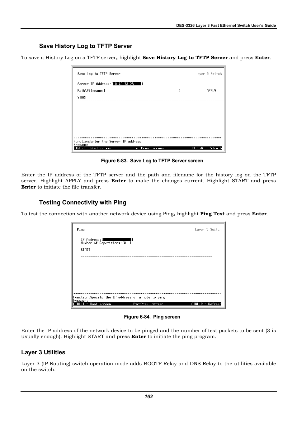 Save history log to tftp server, Testing connectivity with ping, Layer 3 utilities | D-Link DES-3326 User Manual | Page 162 / 285