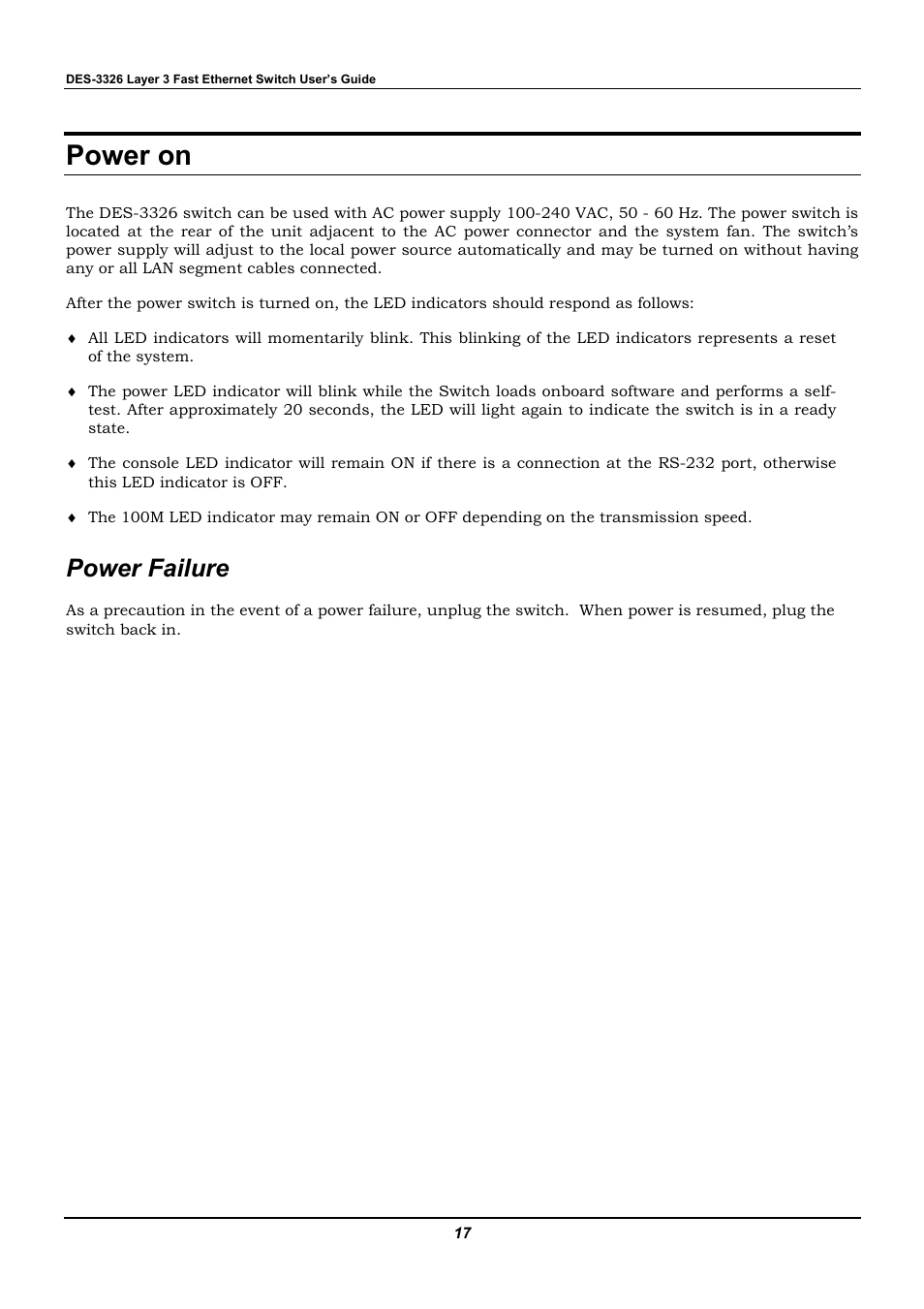 Power on, Power failure | D-Link DES-3326 User Manual | Page 17 / 285