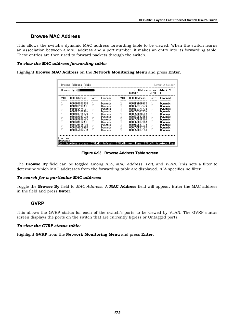 Browse mac address, Gvrp | D-Link DES-3326 User Manual | Page 172 / 285