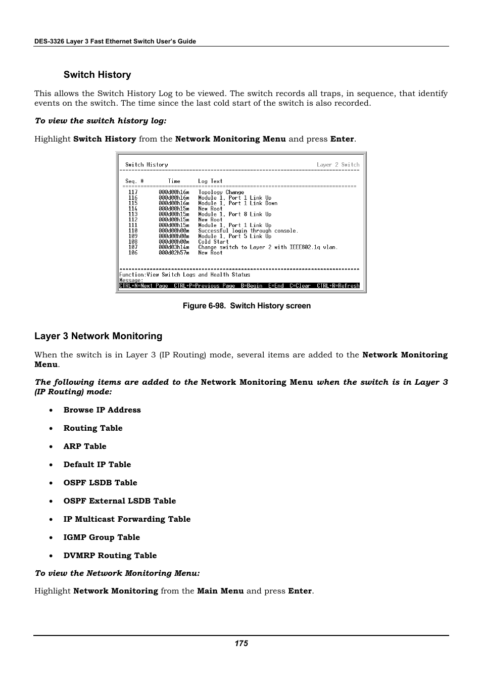 Switch history, Layer 3 network monitoring | D-Link DES-3326 User Manual | Page 175 / 285