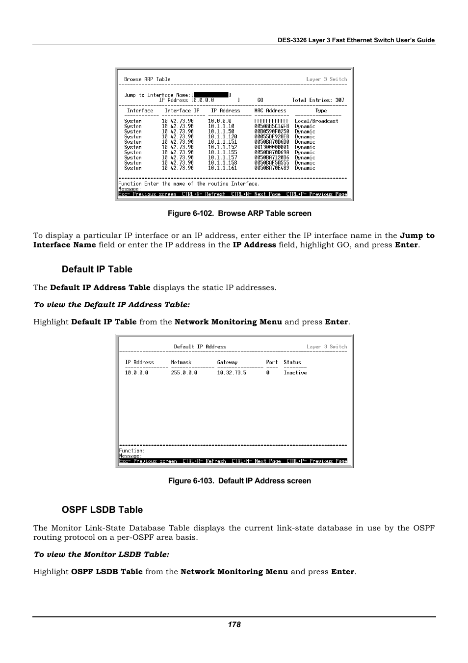 Default ip table, Ospf lsdb table | D-Link DES-3326 User Manual | Page 178 / 285