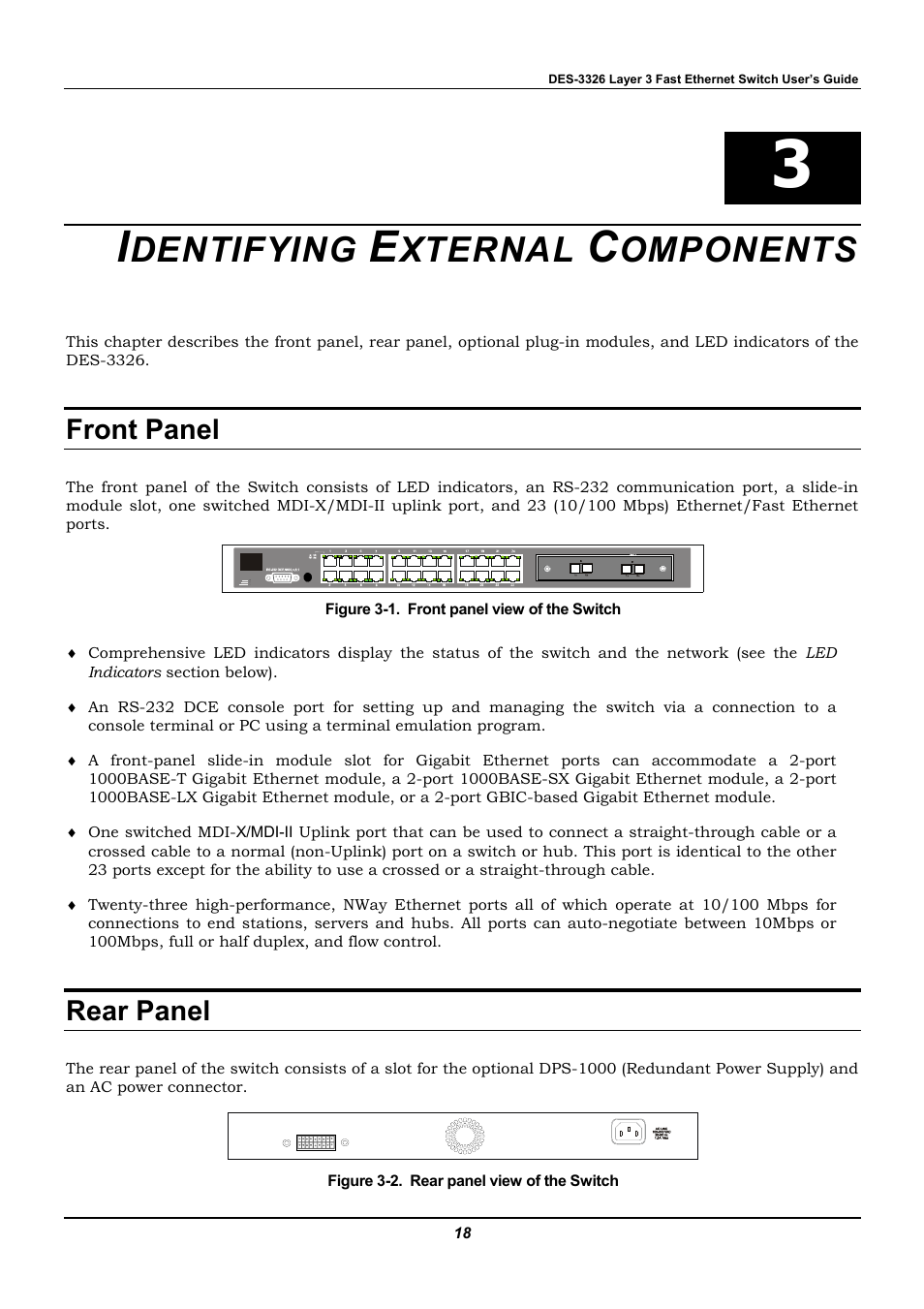 Identifying external components, Front panel, Rear panel | Dentifying, Xternal, Omponents | D-Link DES-3326 User Manual | Page 18 / 285