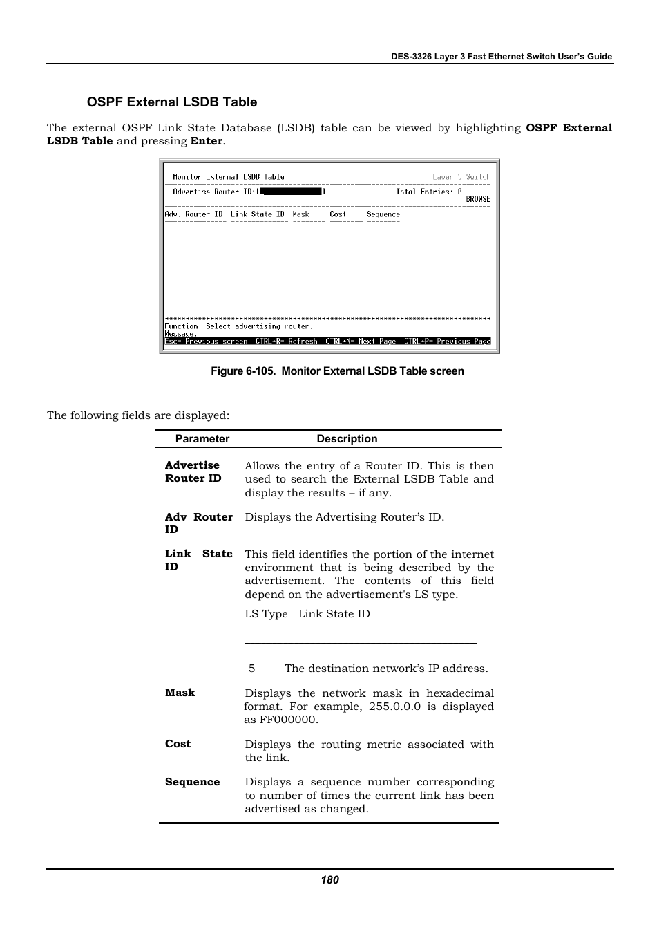 Ospf external lsdb table | D-Link DES-3326 User Manual | Page 180 / 285