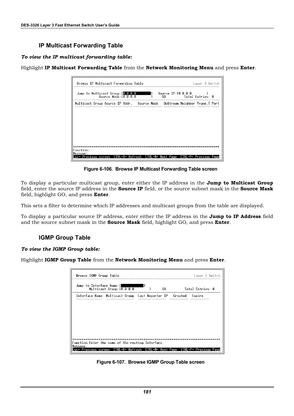 Ip multicast forwarding table, Igmp group table | D-Link DES-3326 User Manual | Page 181 / 285