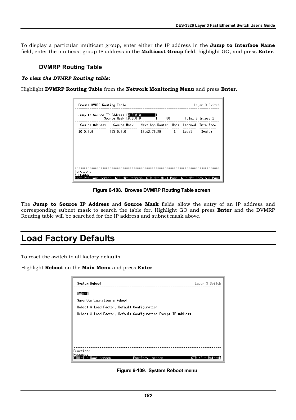 Dvmrp routing table, Load factory defaults | D-Link DES-3326 User Manual | Page 182 / 285