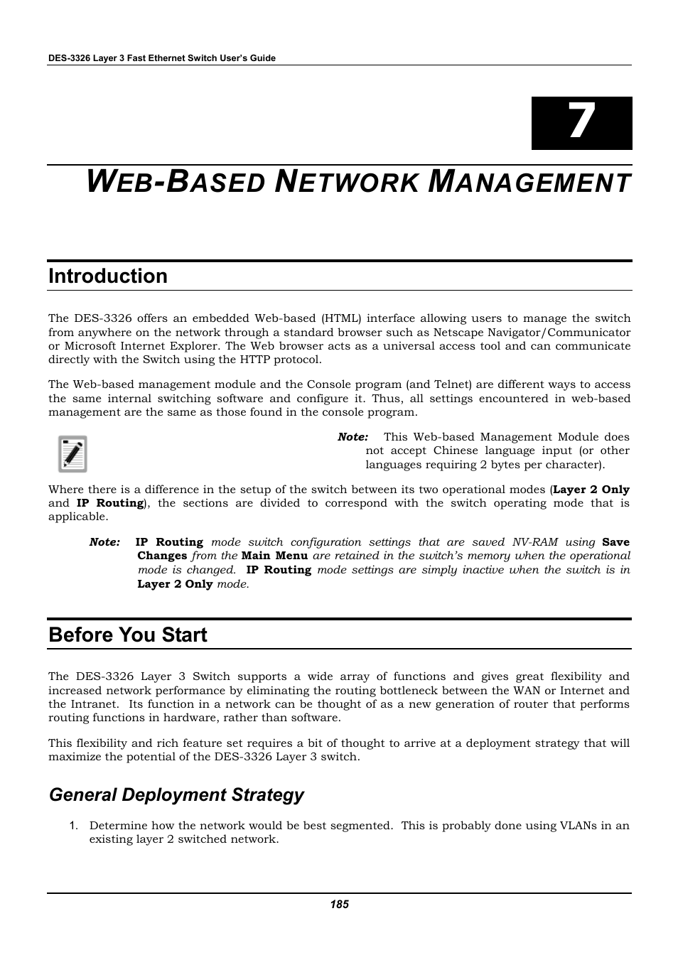 Web-based network management, Introduction, Before you start | General deployment strategy, Ased, Etwork, Anagement | D-Link DES-3326 User Manual | Page 185 / 285