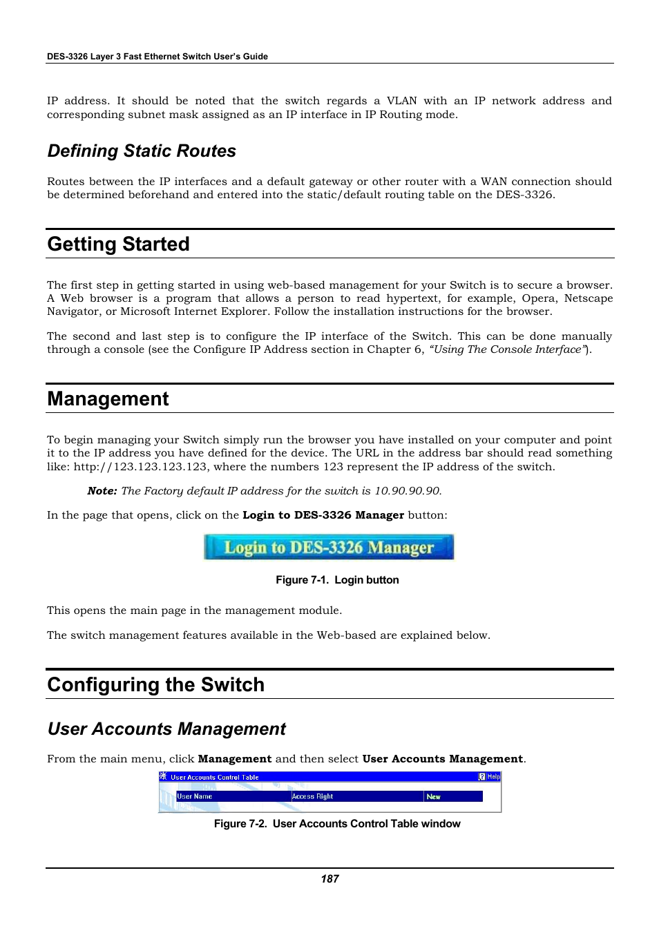 Defining static routes, Getting started, Management | Configuring the switch, User accounts management | D-Link DES-3326 User Manual | Page 187 / 285