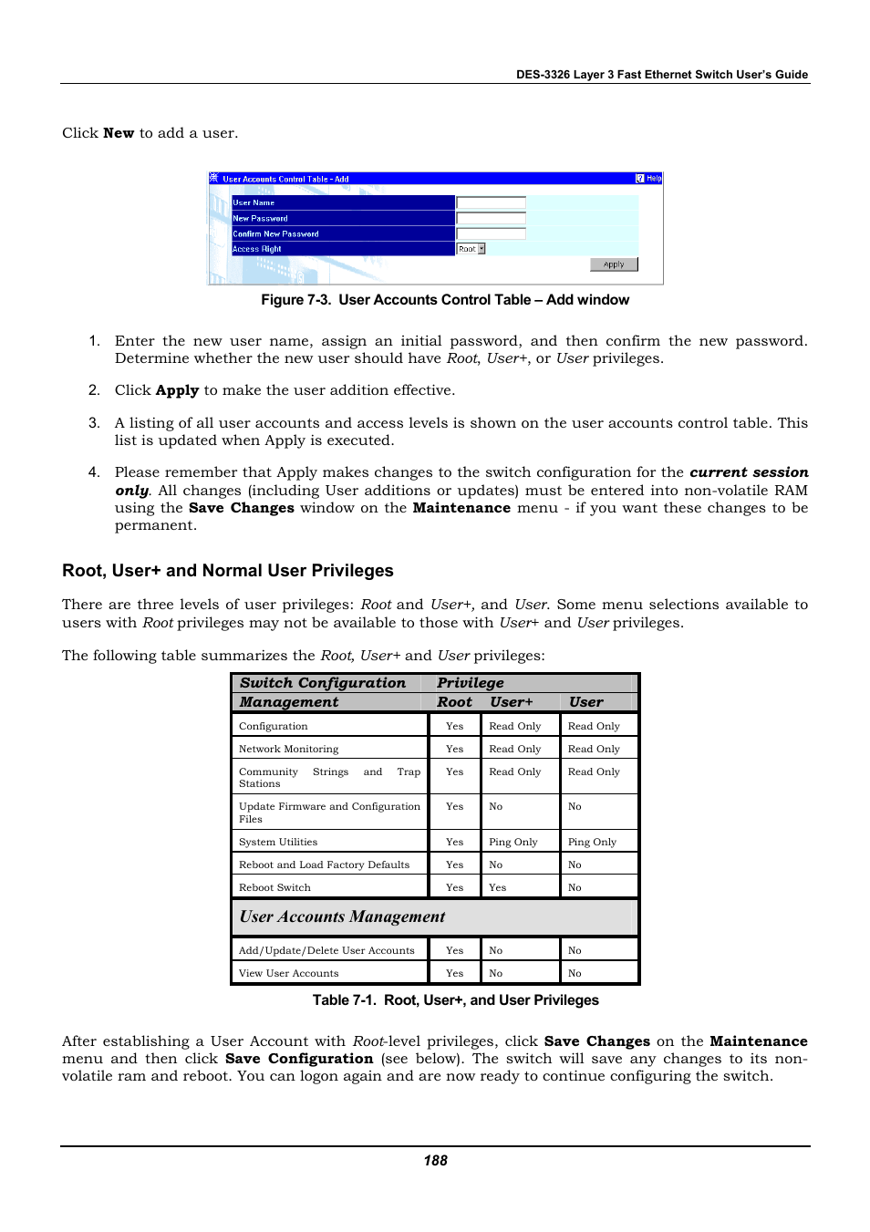 Root, user+ and normal user privileges, User accounts management | D-Link DES-3326 User Manual | Page 188 / 285
