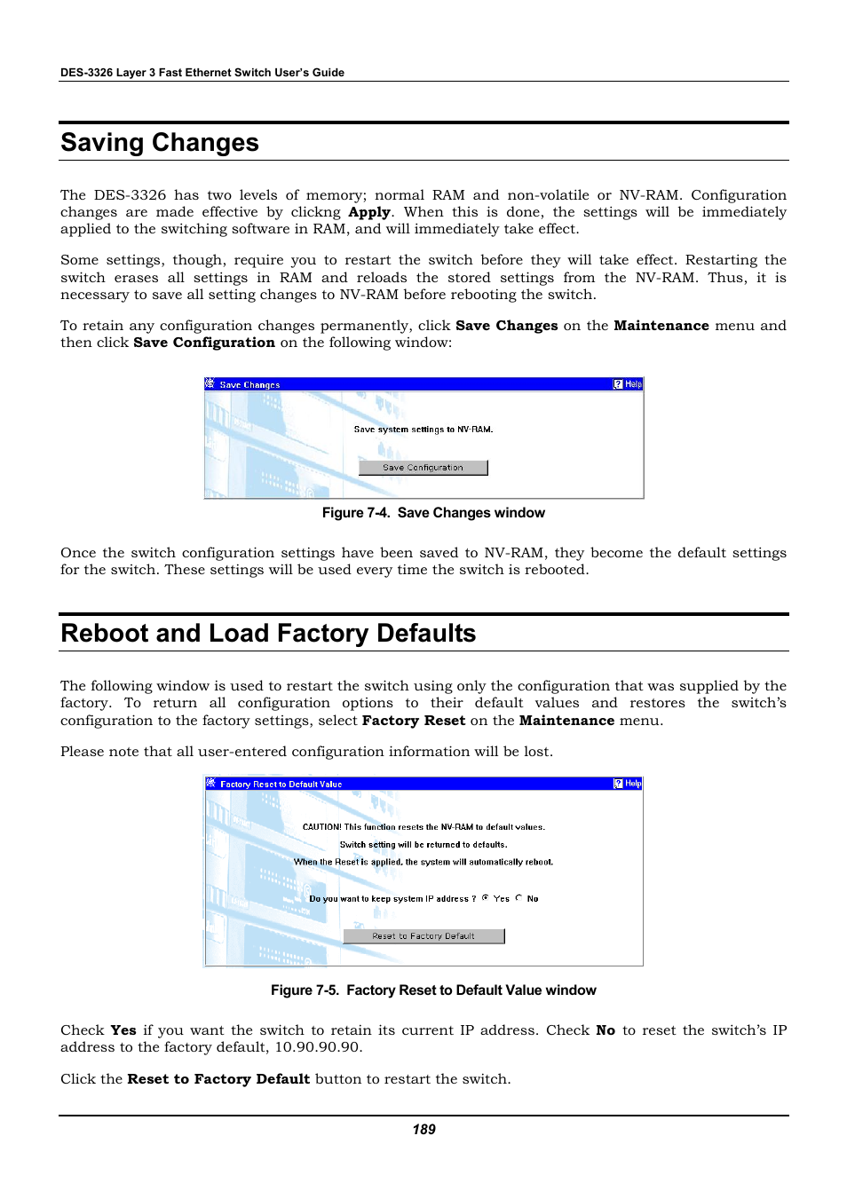 Saving changes, Reboot and load factory defaults | D-Link DES-3326 User Manual | Page 189 / 285