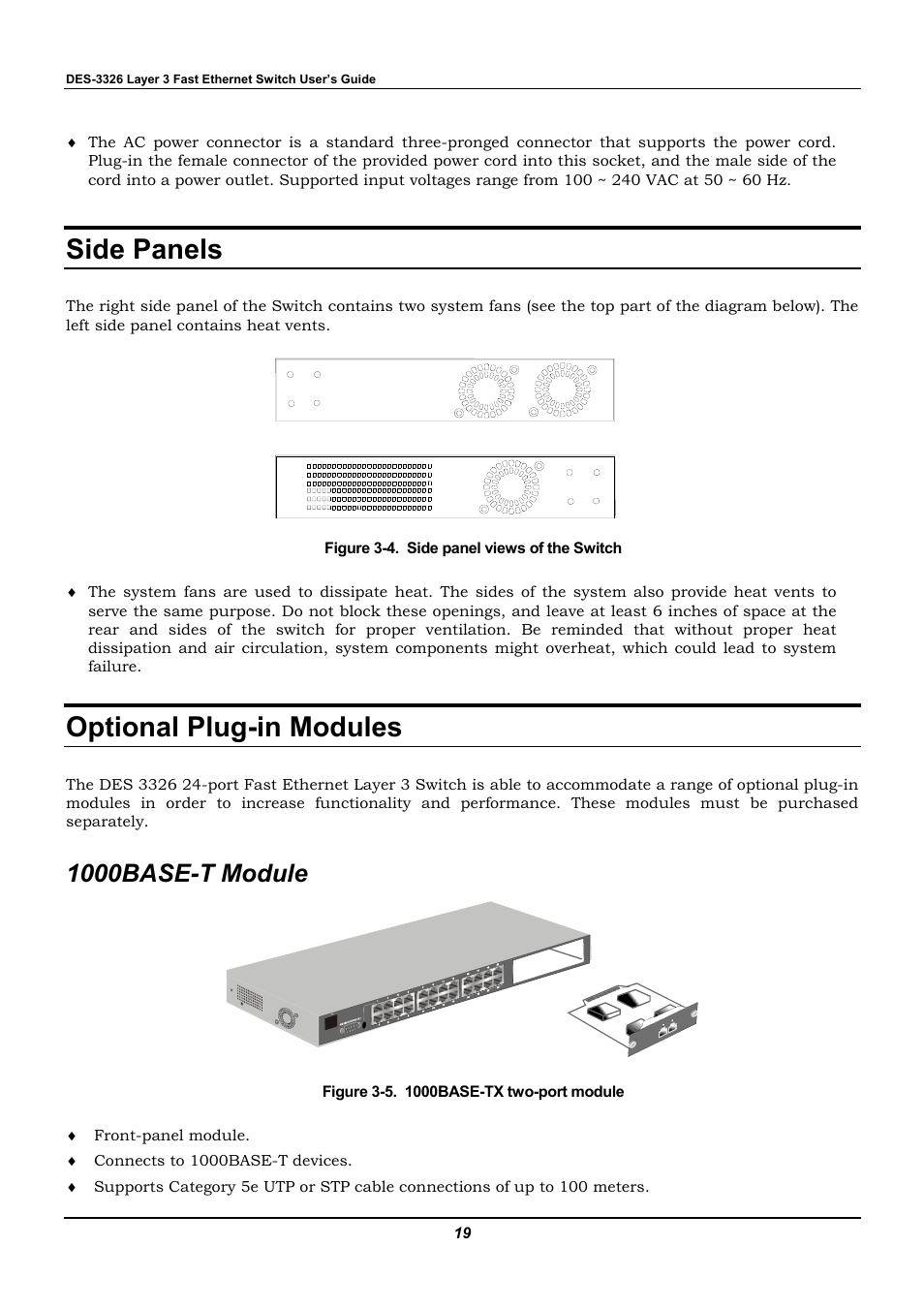 Side panels, Optional plug-in modules, 1000base-t module | D-Link DES-3326 User Manual | Page 19 / 285