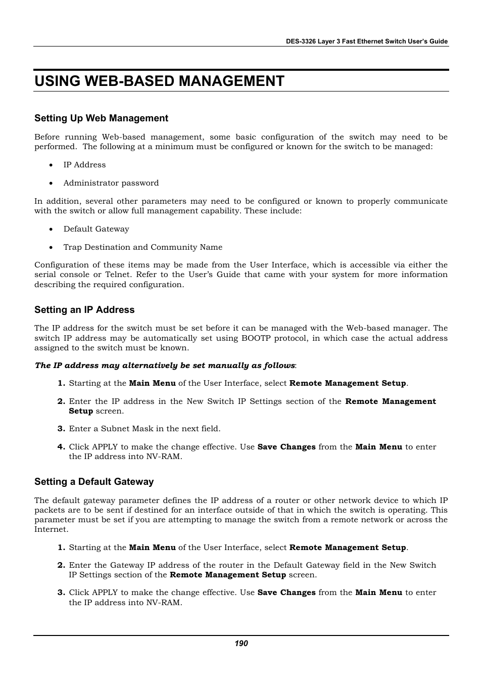 Using web-based management, Setting up web management, Setting an ip address | Setting a default gateway | D-Link DES-3326 User Manual | Page 190 / 285