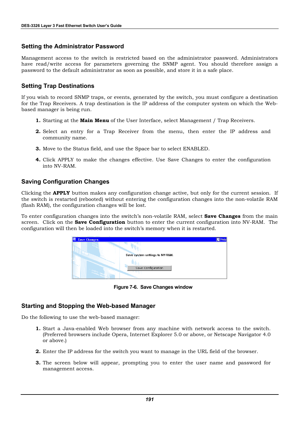 Setting the administrator password, Setting trap destinations, Saving configuration changes | Starting and stopping the web-based manager | D-Link DES-3326 User Manual | Page 191 / 285