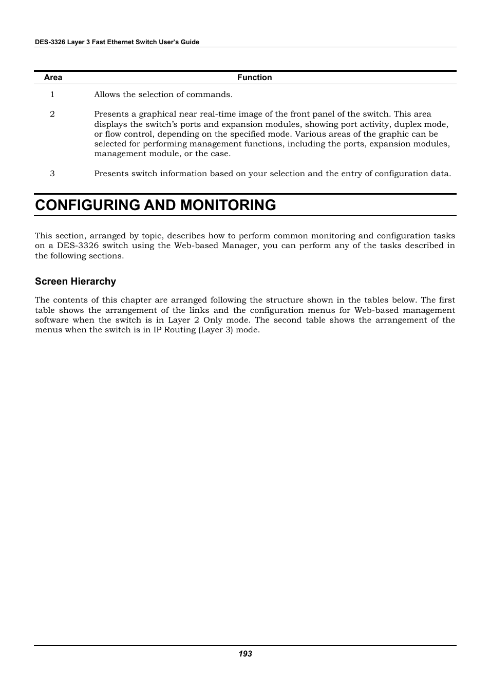 Configuring and monitoring, Screen hierarchy | D-Link DES-3326 User Manual | Page 193 / 285