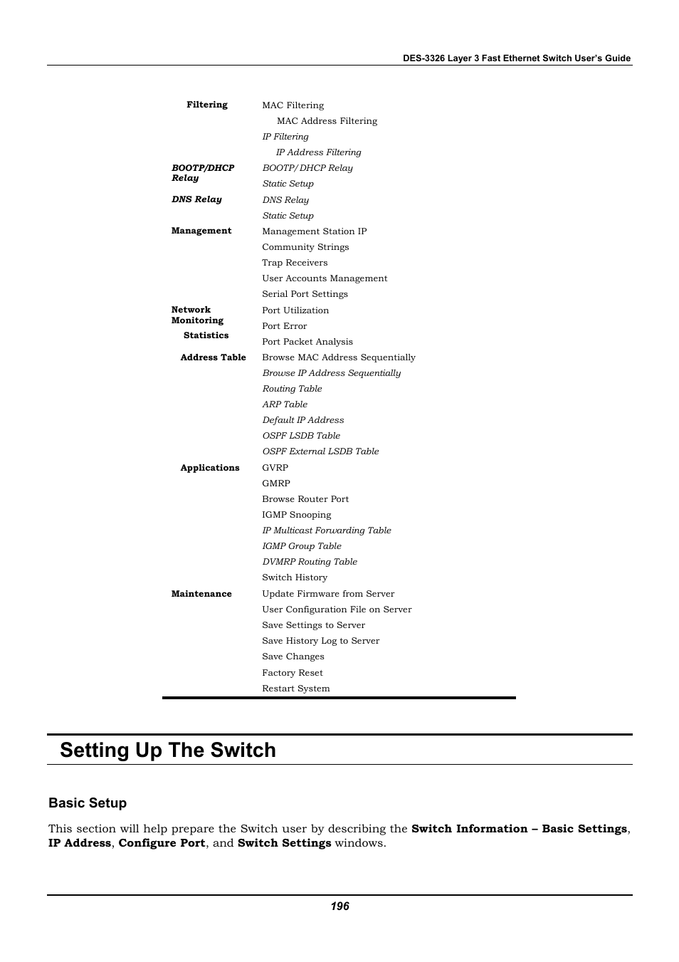 Setting up the switch, Basic setup | D-Link DES-3326 User Manual | Page 196 / 285