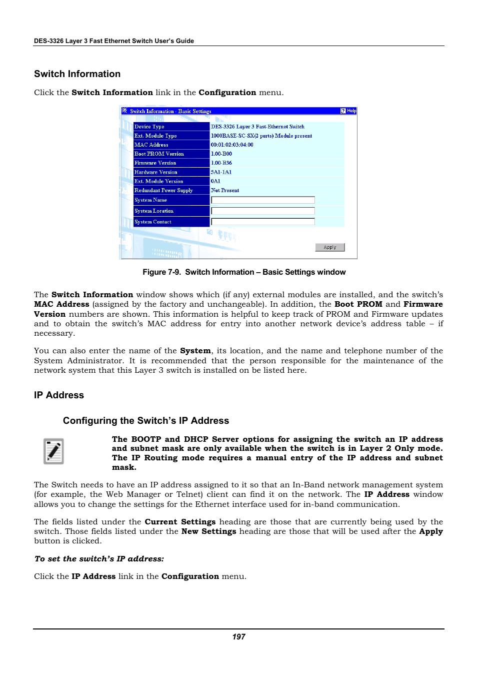 Switch information, Ip address, Configuring the switch’s ip address | D-Link DES-3326 User Manual | Page 197 / 285