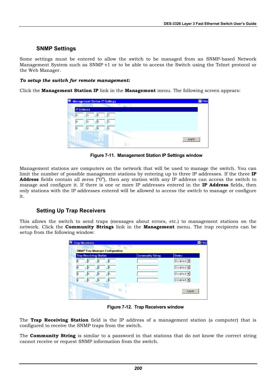 Snmp settings, Setting up trap receivers | D-Link DES-3326 User Manual | Page 200 / 285