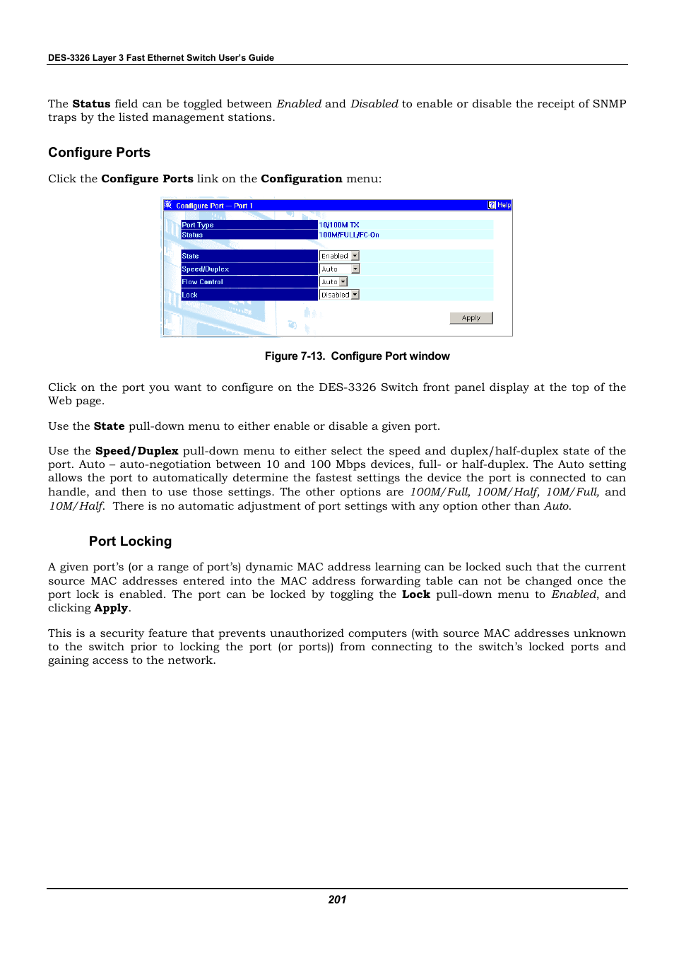 Configure ports, Port locking | D-Link DES-3326 User Manual | Page 201 / 285