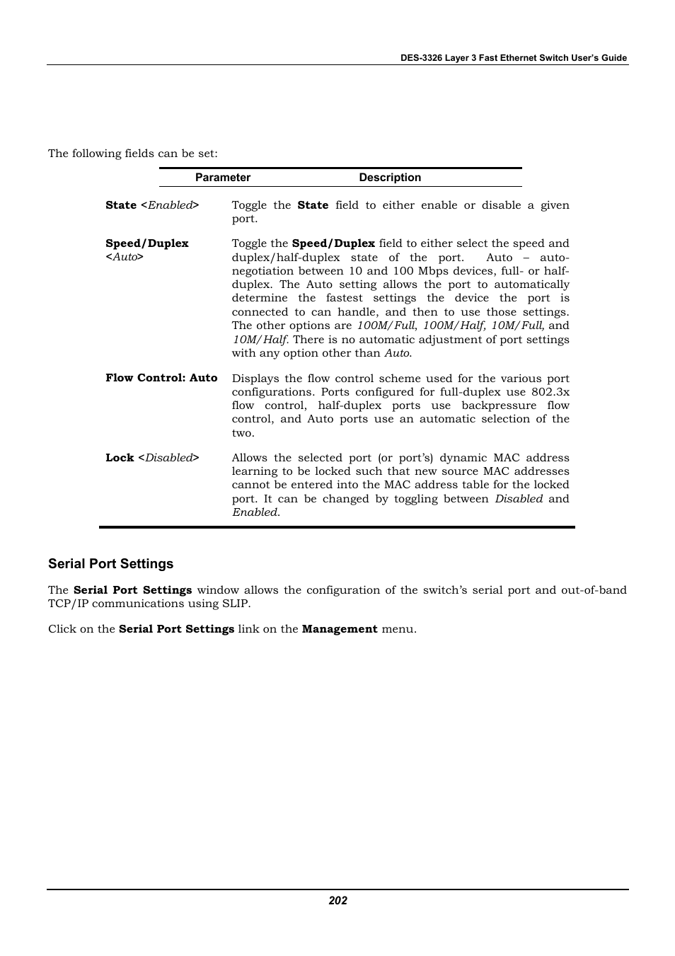 Serial port settings | D-Link DES-3326 User Manual | Page 202 / 285