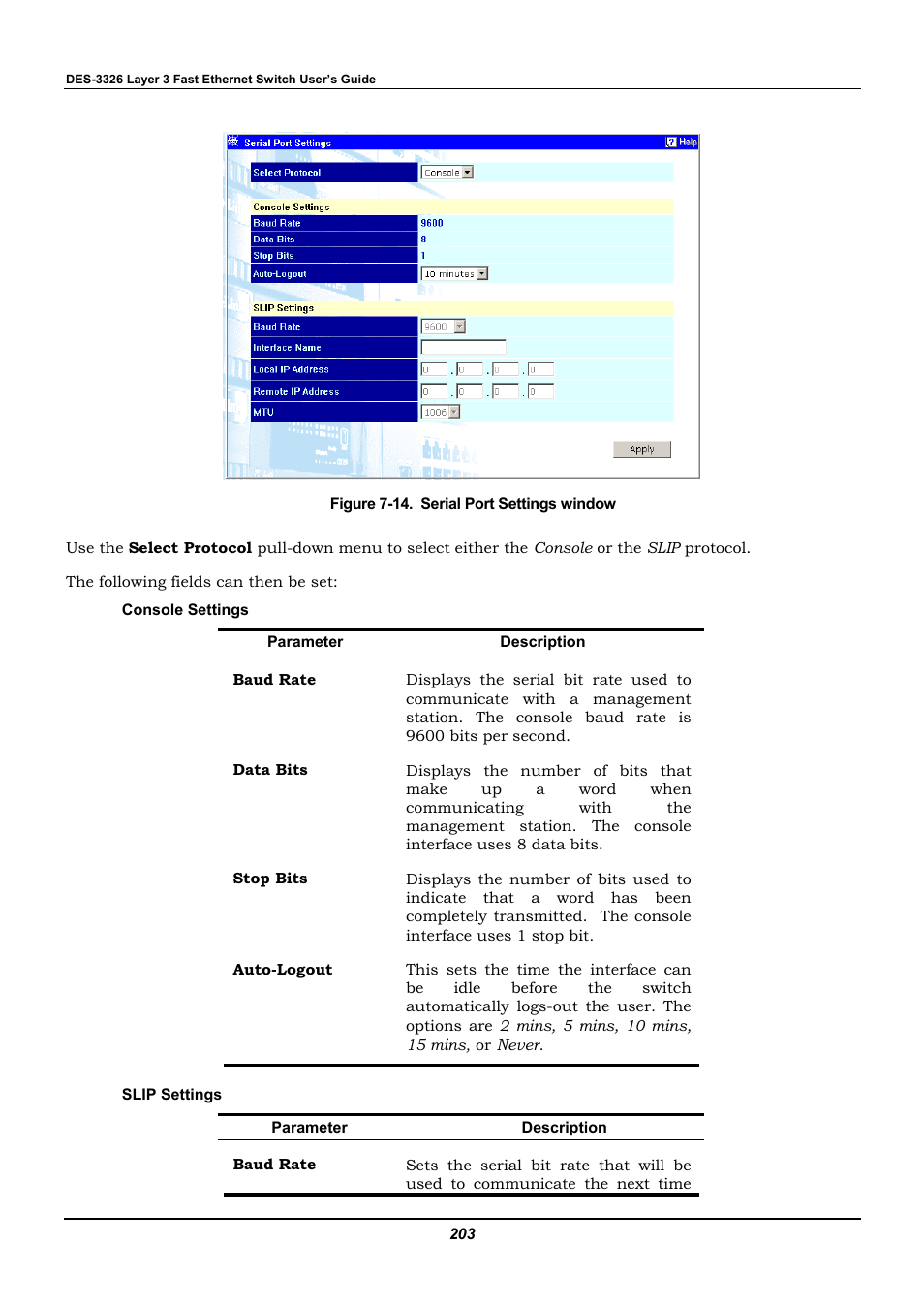 Console settings, Slip settings | D-Link DES-3326 User Manual | Page 203 / 285