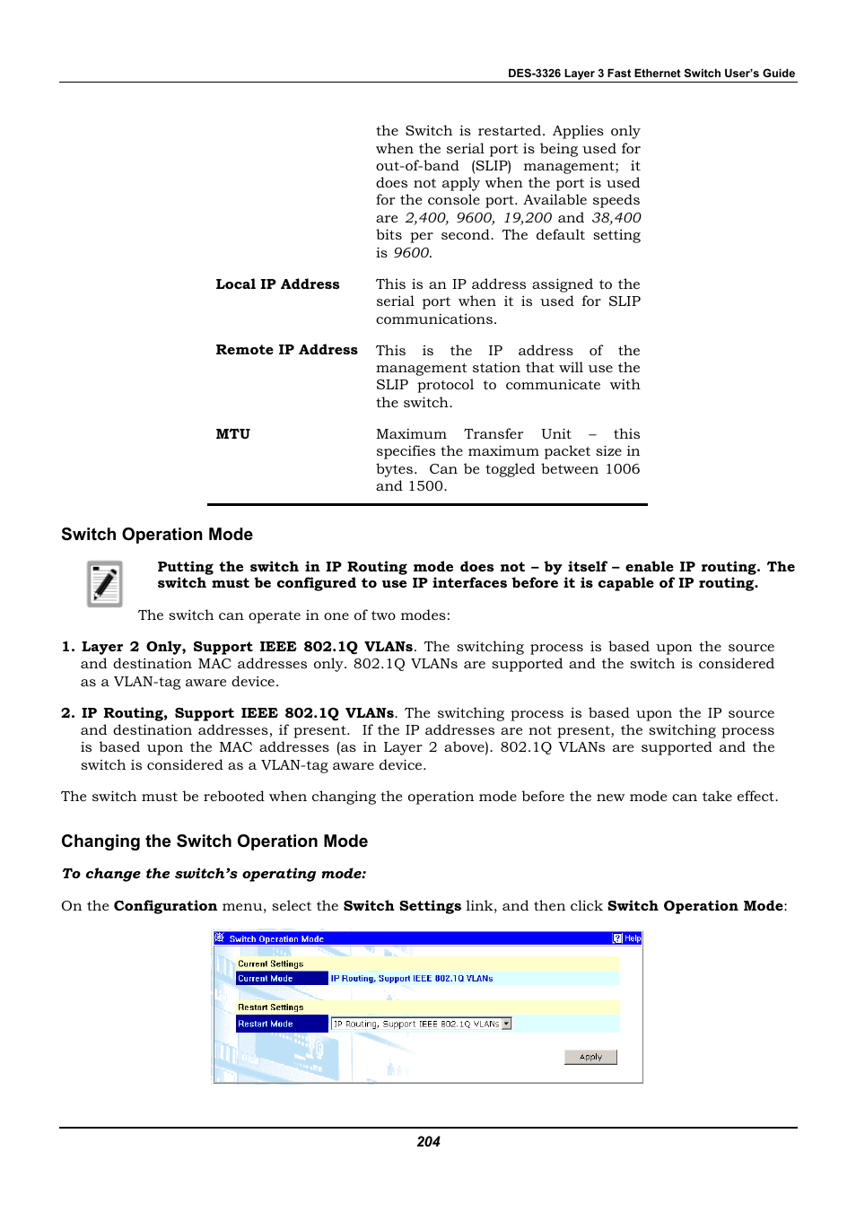 Switch operation mode, Changing the switch operation mode | D-Link DES-3326 User Manual | Page 204 / 285