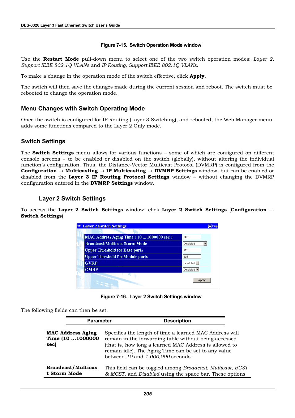 Menu changes with switch operating mode, Switch settings, Layer 2 switch settings | D-Link DES-3326 User Manual | Page 205 / 285