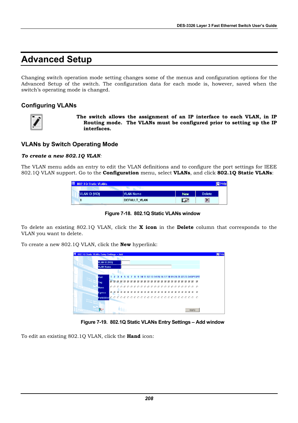 Advanced setup, Configuring vlans, Vlans by switch operating mode | D-Link DES-3326 User Manual | Page 208 / 285