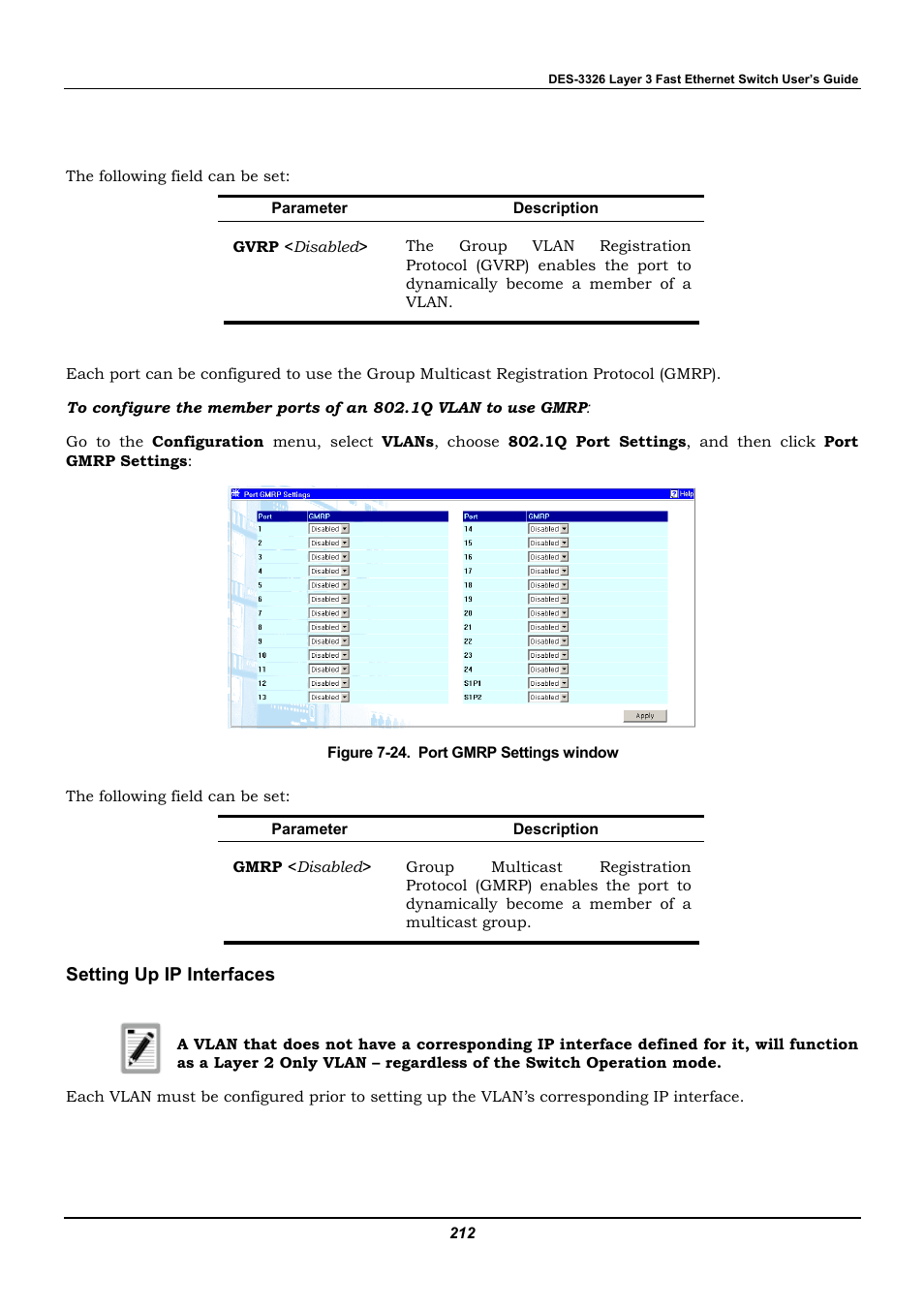 Setting up ip interfaces | D-Link DES-3326 User Manual | Page 212 / 285