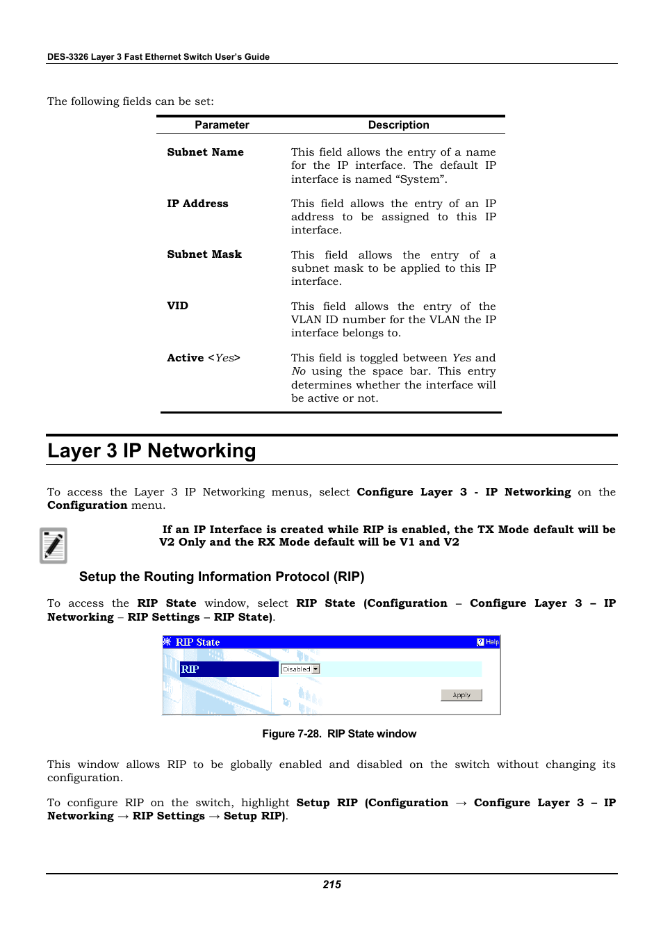 Layer 3 ip networking, Setup the routing information protocol (rip) | D-Link DES-3326 User Manual | Page 215 / 285