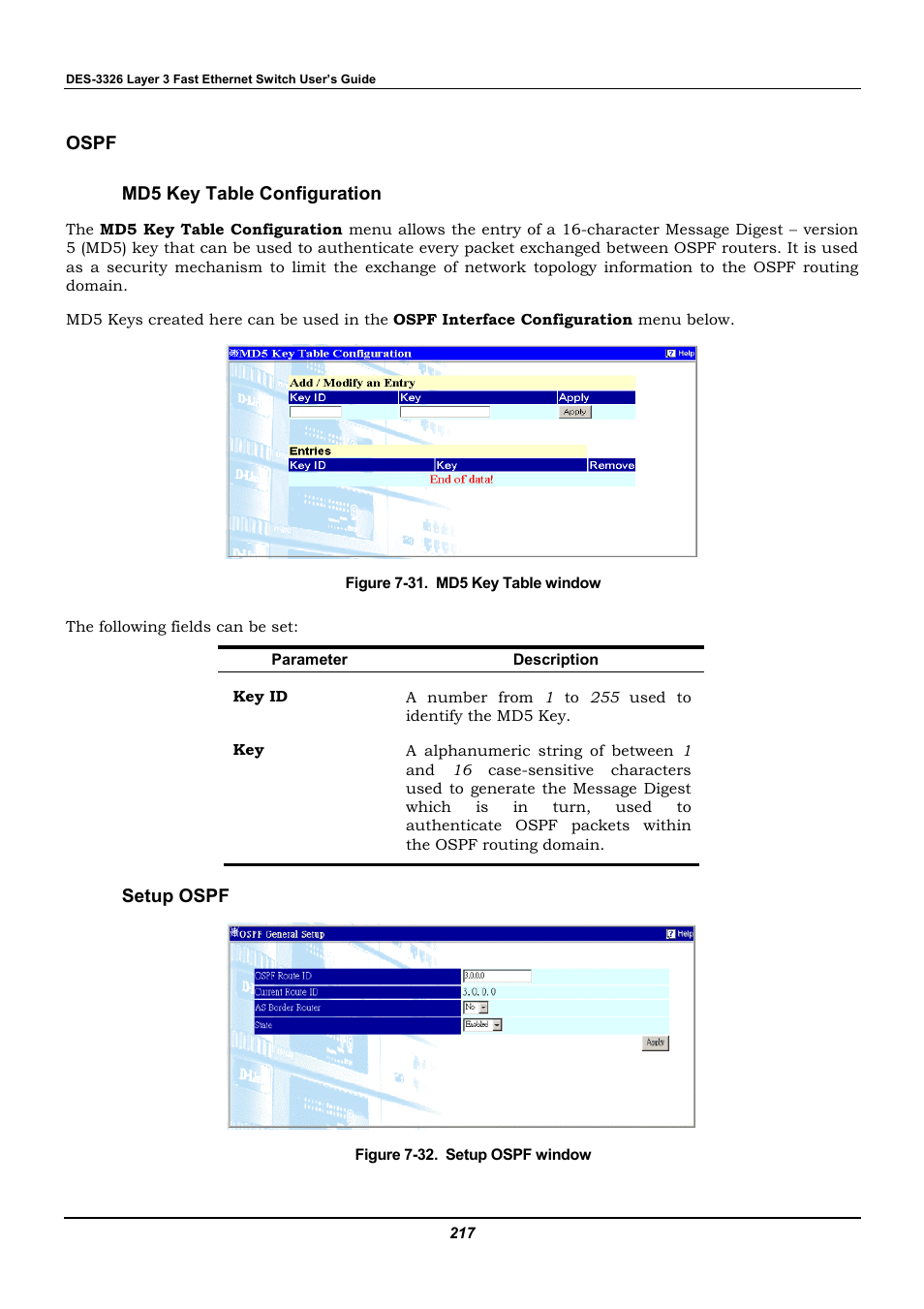 Ospf, Md5 key table configuration, Setup ospf | D-Link DES-3326 User Manual | Page 217 / 285