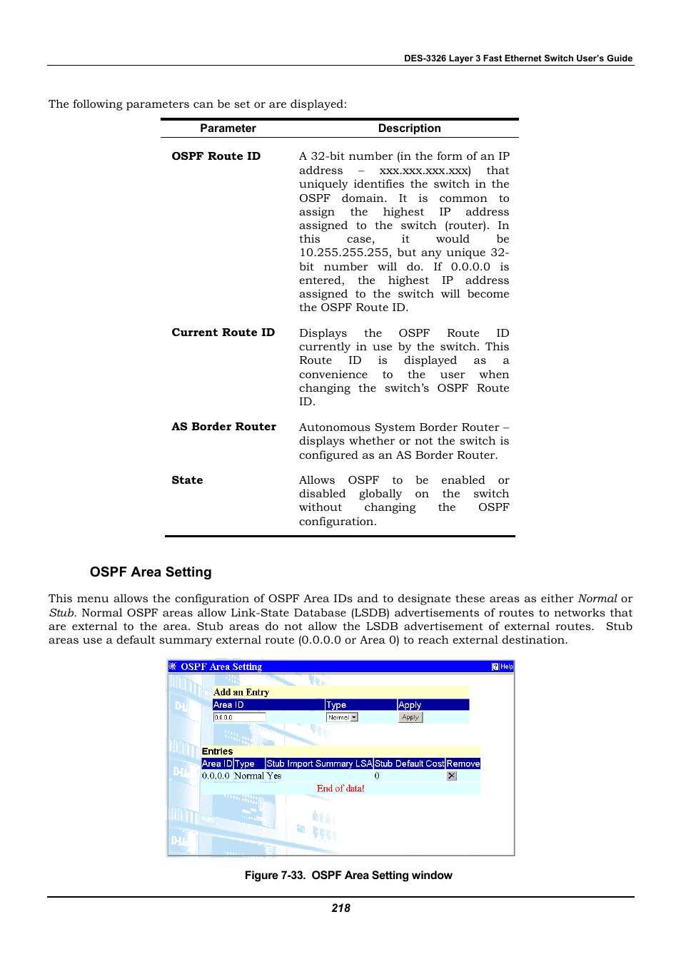 Ospf area setting | D-Link DES-3326 User Manual | Page 218 / 285