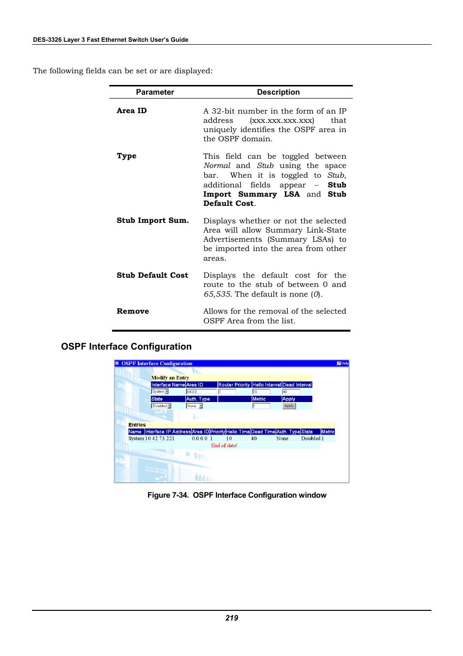 Ospf interface configuration | D-Link DES-3326 User Manual | Page 219 / 285