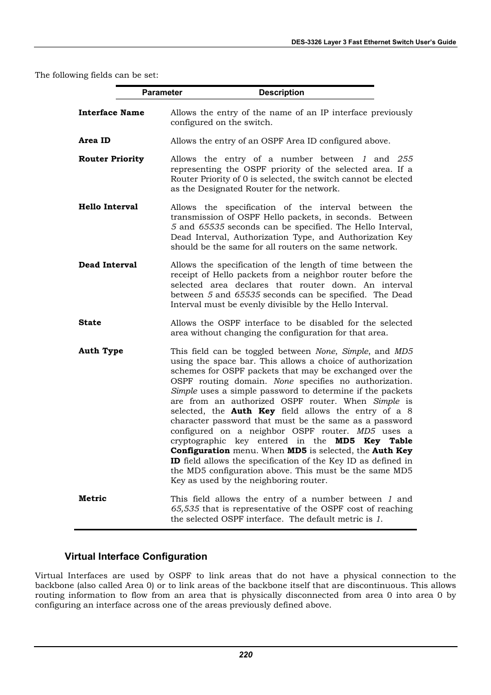 Virtual interface configuration | D-Link DES-3326 User Manual | Page 220 / 285