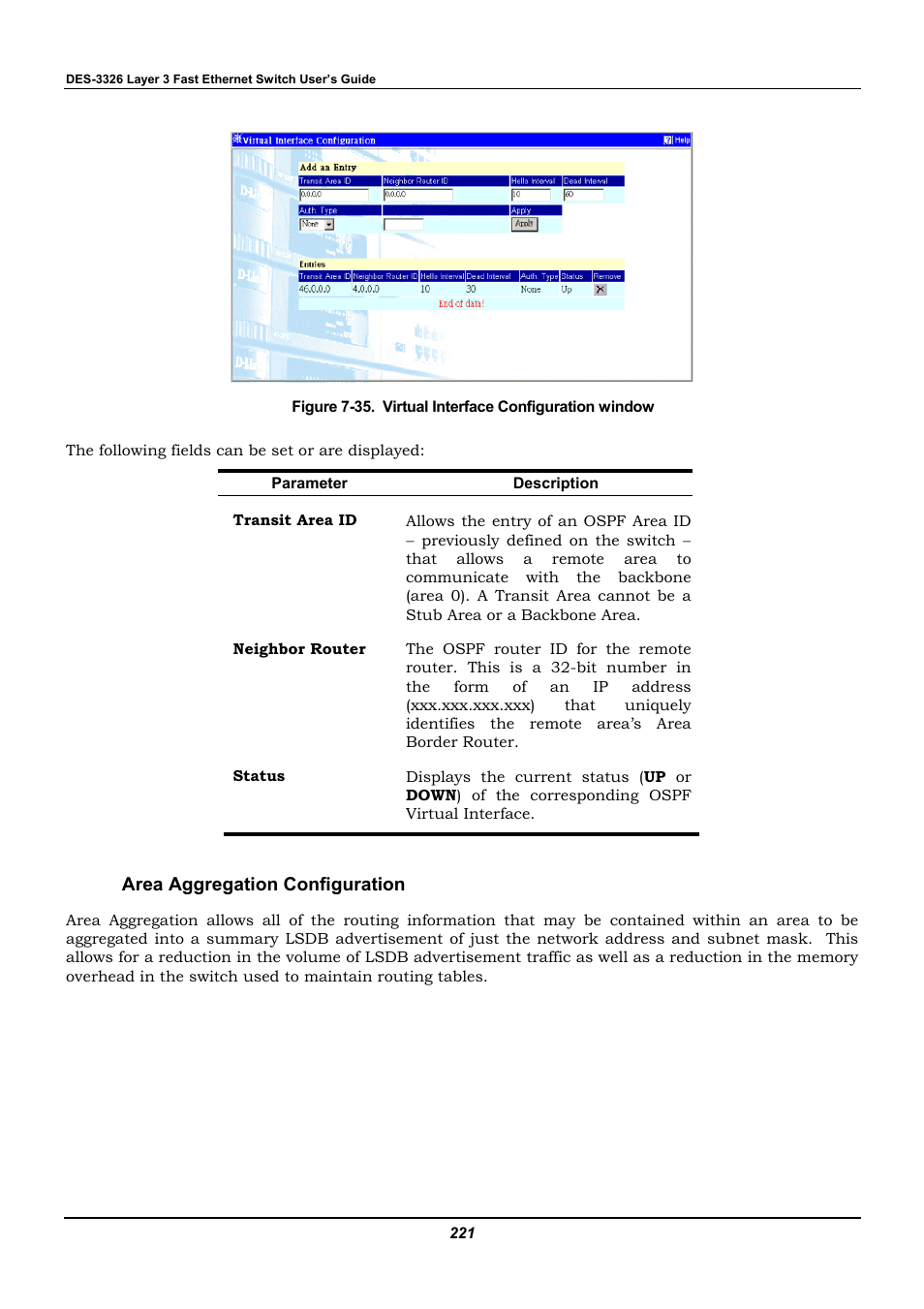 Area aggregation configuration | D-Link DES-3326 User Manual | Page 221 / 285
