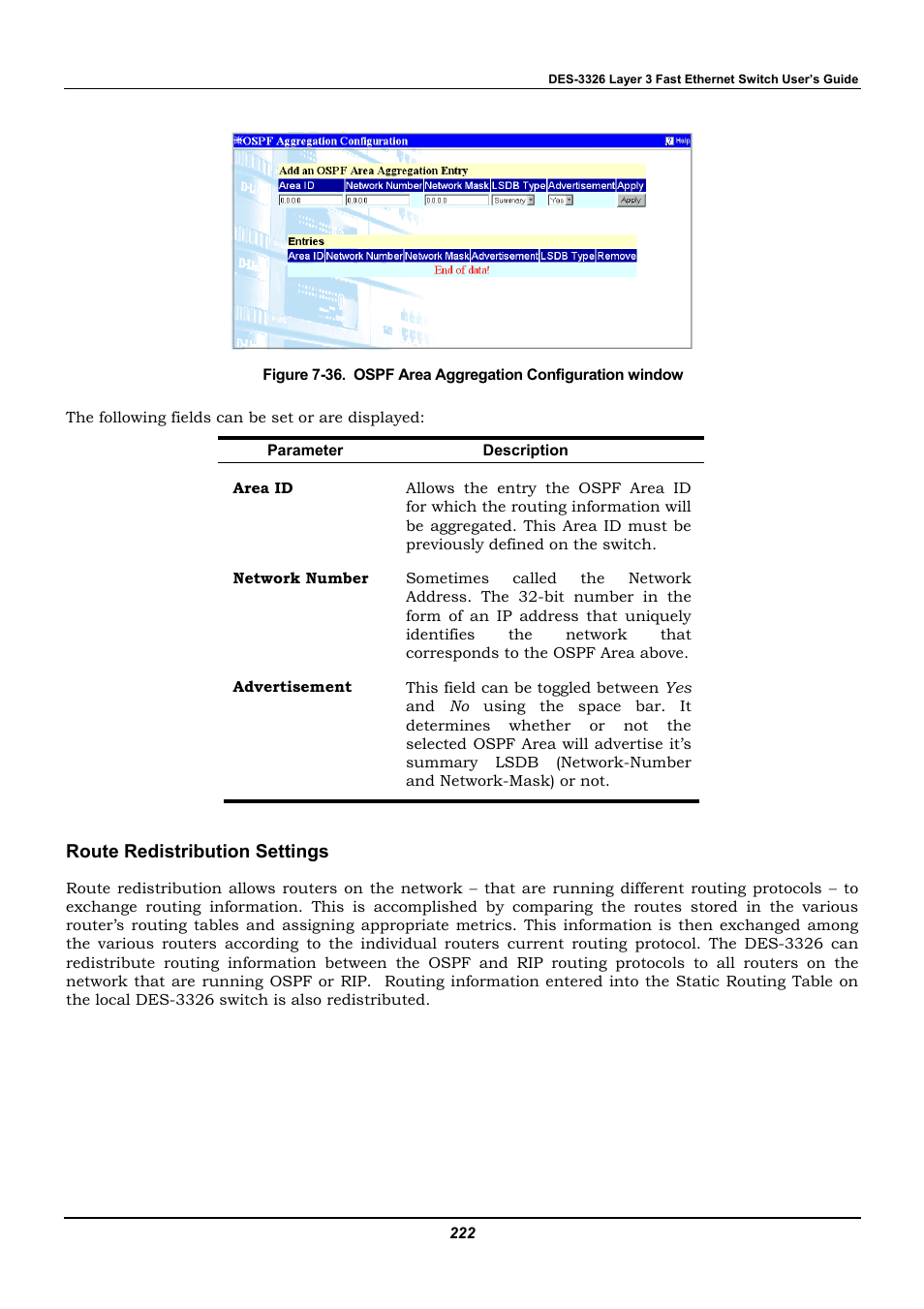 Route redistribution settings | D-Link DES-3326 User Manual | Page 222 / 285