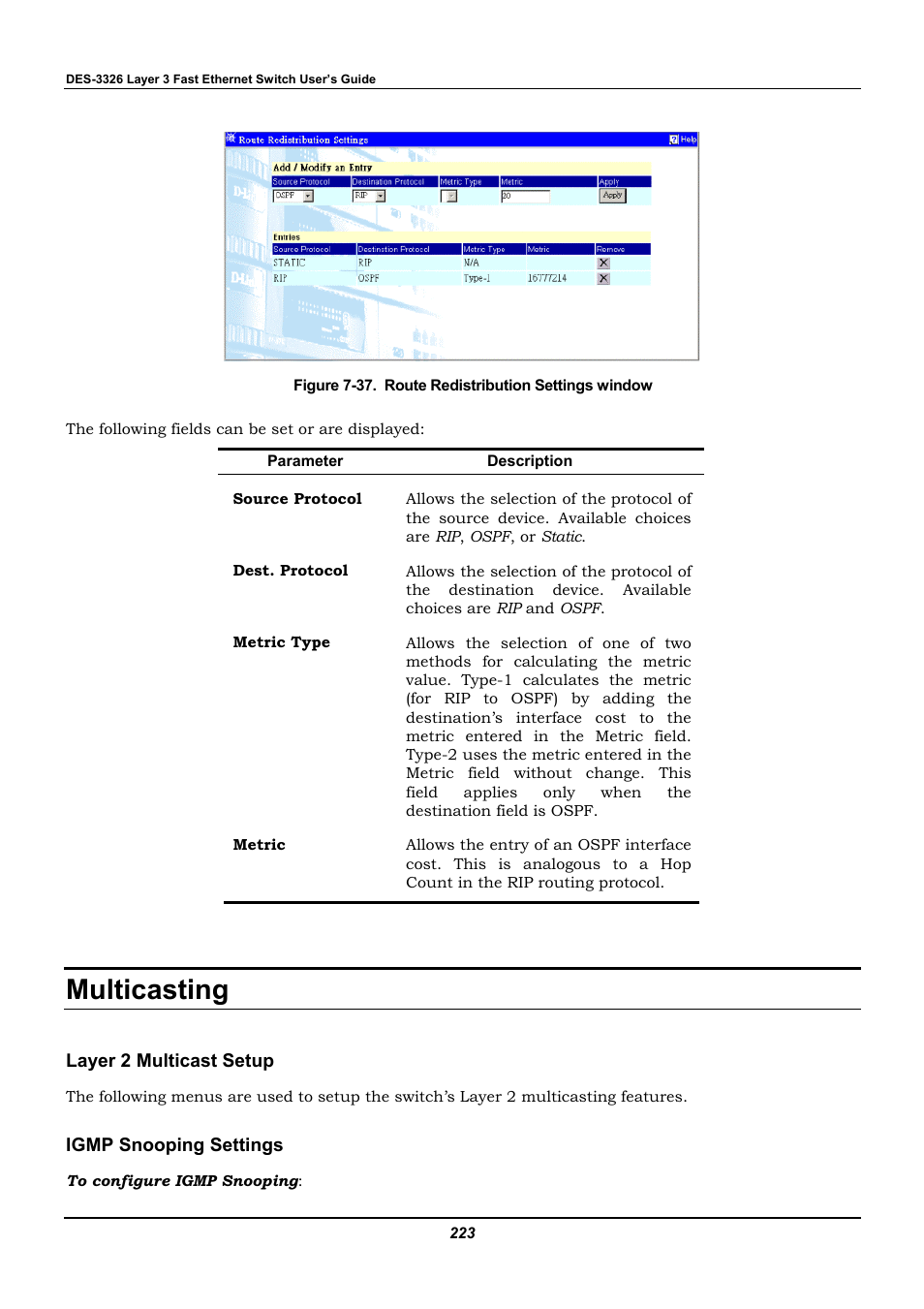 Multicasting, Layer 2 multicast setup, Igmp snooping settings | D-Link DES-3326 User Manual | Page 223 / 285