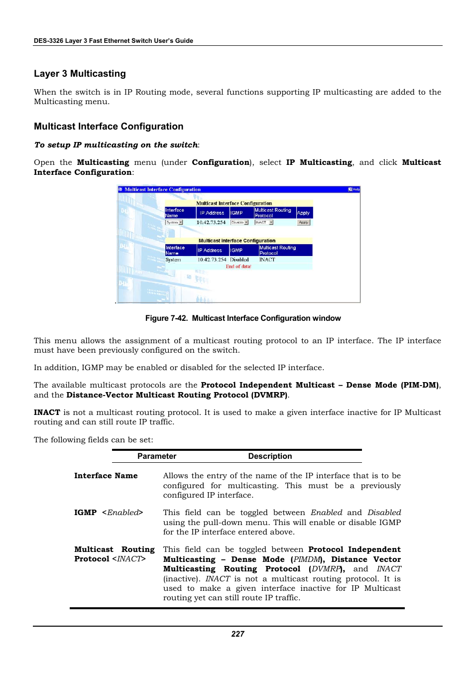 Layer 3 multicasting, Multicast interface configuration | D-Link DES-3326 User Manual | Page 227 / 285