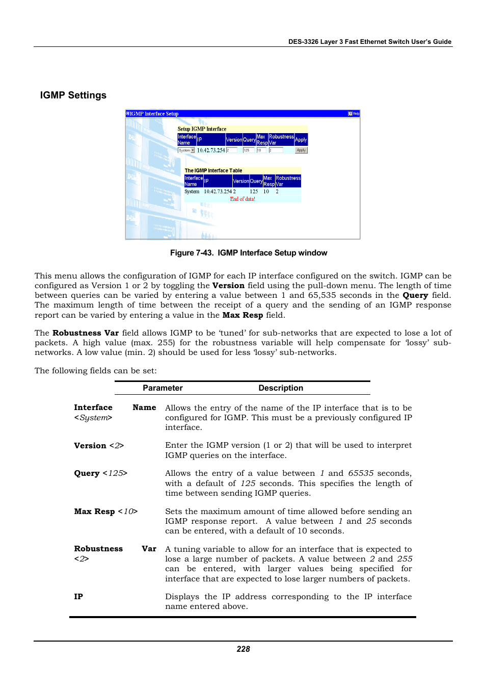 Igmp settings | D-Link DES-3326 User Manual | Page 228 / 285