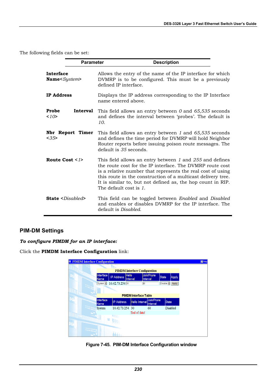 Pim-dm settings | D-Link DES-3326 User Manual | Page 230 / 285